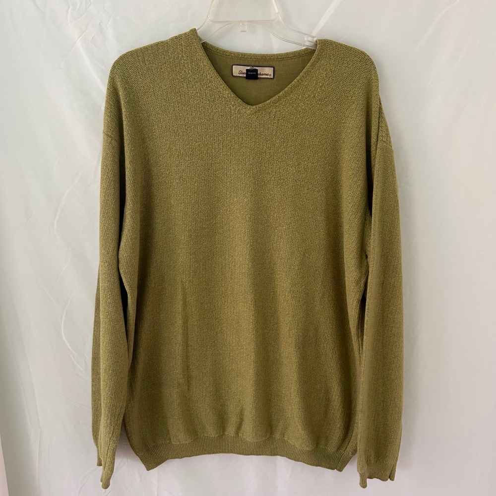 Tommy Bahama V Neck Sweater Olive Green Textured Knit Mens XL Rayon Nylon Cotton